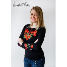 Embroidered t-shirt with long sleeves "Meadow of Poppies" on black